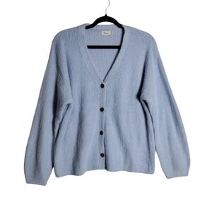 The Commons Womens XL Blue Fuzzy Knit Button Front V-Neck Cardigan Sweater